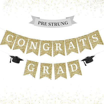 Congrats Grad Banner Gold Glitter Pre-Strung Congrats Grad Sign Decorations - by youthsnowgloves
