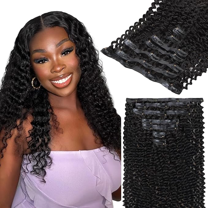 Lashey Seamless Clip in Hair Extensions Kinky Curly 110g 7pcs PU Weft Hair Extensions Clip in Human Hair with Invisi Edge Natural Black 20 Inch Real Human Hair Extensions for Women