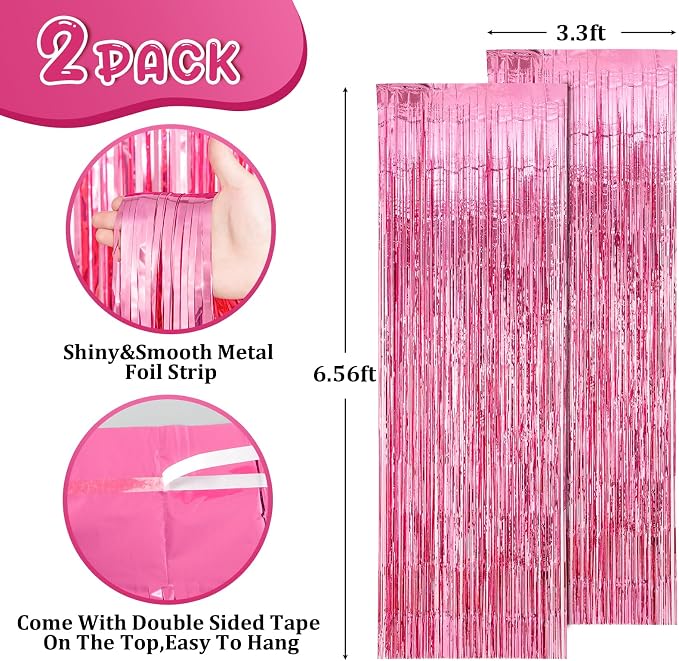 Voircoloria Pink Foil Fringe Backdrop Curtains, 2 Pack | Tinsel Streamers - Image 3