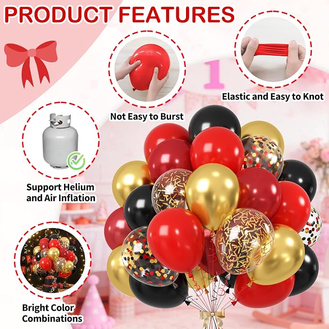Red Black Gold Balloons, 12 Inch Metallic Gold Confetti Latex Balloon Helium - Image 3