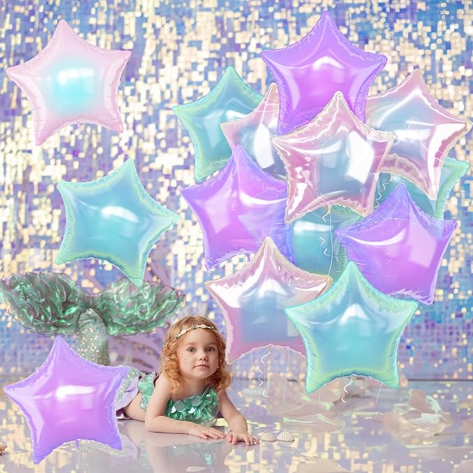 Iridescent Star Balloons, Gradient Iridescent Pink Purple Green Pentagram - Image 5