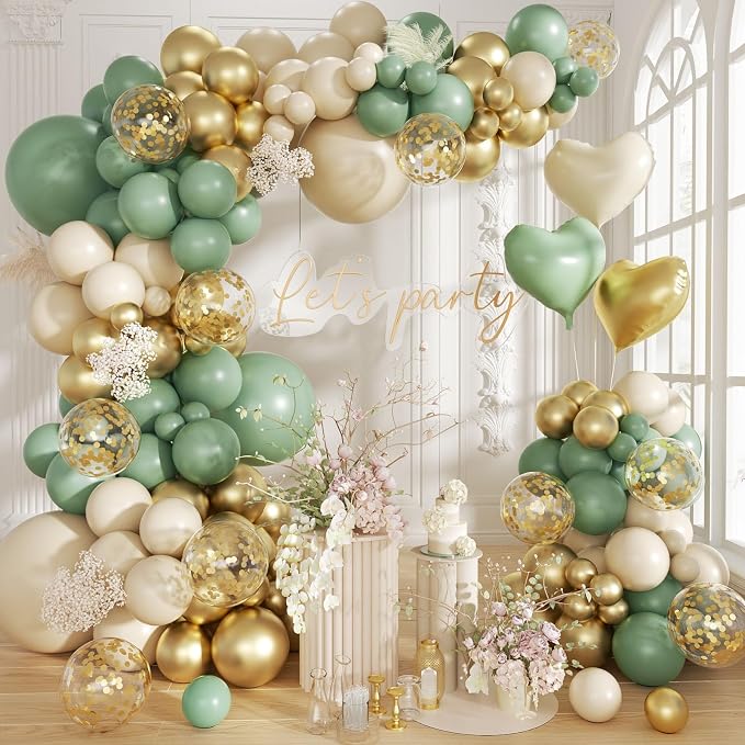160Pcs Sage Green Gold Balloon Garland Arch Kit, Olive Green White Sand Gold by Futureferry