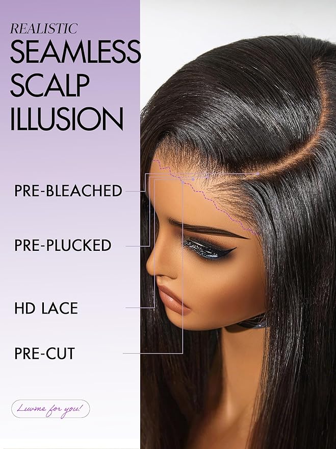 LUVME HAIR 7x6 All-Day Comfor Wig PartingMax Lace Wigs 200% Density Yaki Straight Lace Front Wigs Human Hair Pre Cut Plucked Lace Frontal Glueless 24 Inches Natural Black Color