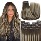 YoungSee Invisible Clip in Hair Extensions Human Hair Brown Balayage Clip on Hair Extensions Chocolate Brown with Ash Blonde Balayage Clip ins Real Human Hair Extension for Natural Look 120G 7Pcs 16In