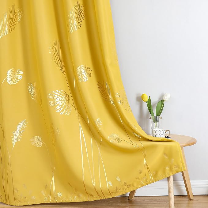 Yellow Blackout Curtains for Bedroom, Room Darkening Gold Palm Tree Pattern - Image 7
