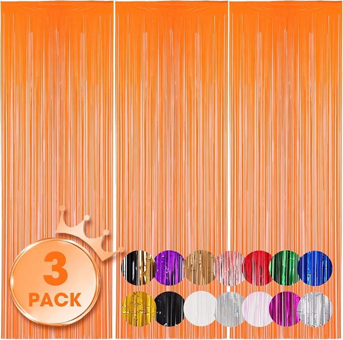 Voircoloria Pastel Orange Foil Fringe Backdrop Curtains, 3 Pack | Tinsel by Voircoloria