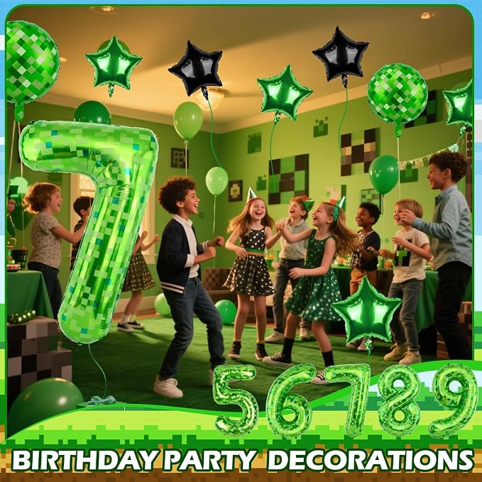 40 Inch Green Pixel Themed Number 7 Balloon Set Foil Balloon - Image 5