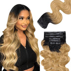 Lashey Seamless Hair Extensions Real Human Hair 110g 7pcs Body Wave 18 Inch Clip in Hair Extensions Human Hair Ombre Natural Black to Honey Blonde Hair Extension with PU Weft Invisi Edge