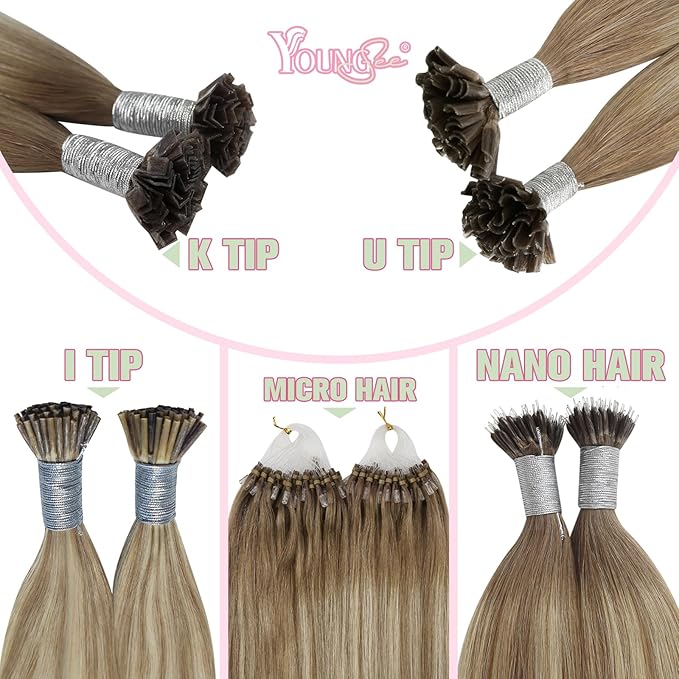 YoungSee K Tips Balayage Hair Extensions Hot fusion Pre Bonded Ktip Hair Extensions Human Hair Ombre Brown and Blonde 18In 1G/S 50G
