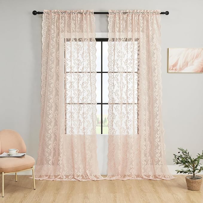 Blush Pink Lace Curtains 72 Inches Long 2 Panels Vintage French Floral Sheer - Image 2