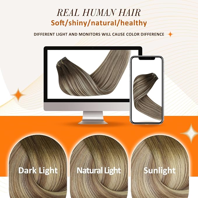 Full Shine Seamless Clip in Hair Extensions Remy Human Hair 16 Inch 120G 8 Pcs Balayage Brown Ombre to Light Brown Mix Blonde Human Hair Clip in Extensions for Women