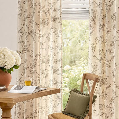 Taupe Floral Linen Curtains Farmhouse Rod Pocket 50W X 96L 2 Panels | Charlotte - Image 4
