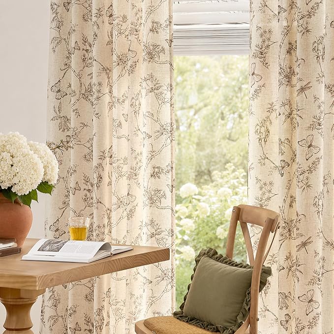 Taupe Floral Linen Curtains Farmhouse Rod Pocket 50W X 108L 2 Panels | - Image 5