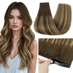 Full Shine Balayage Tape in Hair Extensions Color 4/24/4 Brown And Blonde Tape in Weft Hair Extensions Human Hair 18Inch Long Tape Double Weft 50G for Daily Office Look Natural One Piece