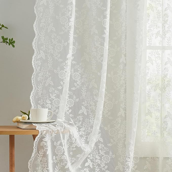 FINECITY Short Ivory Floral Lace Kitchen Curtains W42xL36 Inch, 2 Panels | Rod - Image 6