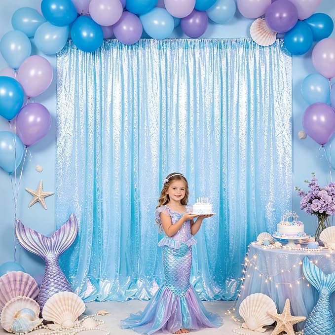 Hahuho Mermaid Blue Sequin Backdrop Curtain, Banquet Decoration（1 Panels - Image 2