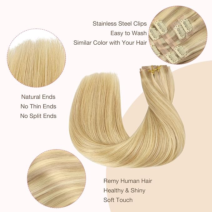 GOO GOO Clip in Hair Extensions Real Human Hair, Remy Human Hair Extensions Clip ins for Women, Natural Human Hair, 14inch 110g 7Pcs, 18D/22F Dirty Blonde Highlights