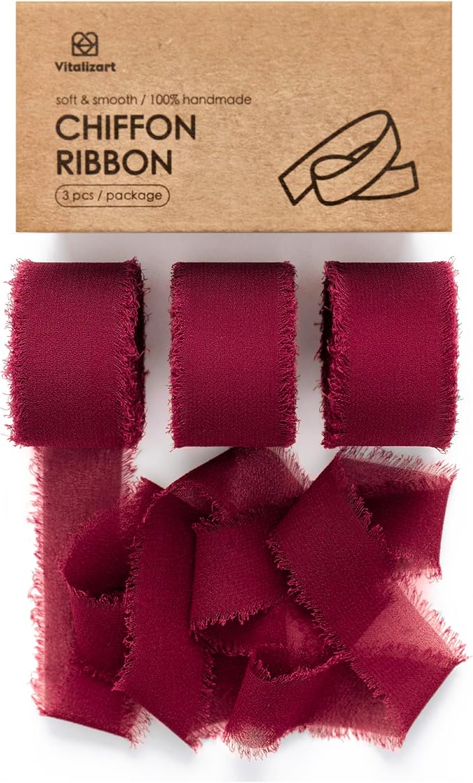 Vitalizart Burgundy Chiffon Silk Ribbon 1" x 21Yd Handmade Frayed Fringe | by Vitalizart