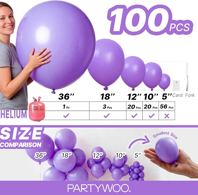 PartyWoo Purple Balloons 100pcs Different Sizes of 36 18 12 10 5 Inch | Balloons - Image 6