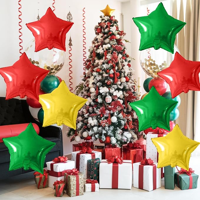 Red Green Gold Star Foil Balloons, 18 Inch Large Metallic Stars Balloons Helium - Image 4