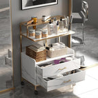 Salon Rolling Trolley with Lockable Wheels Barber Cart with Storage Drawer Mobile Hair Station Cabinet for Beauty Makeup Esthetician Spa Massage (White Marble-one Shelf-Two-Drawers)