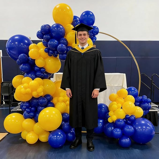 Blue and Yellow Balloons, 12 Inch Double Stuffed Chrome Royal Blue and Yellow - Image 4