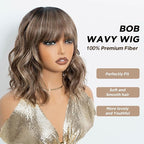 NOBLE Bob Wig with Bangs Short Wavy Wig for Women Ombre Mix Blonde Shoulder Length Wig Heat Resistant Synthetic Wigs for Daily Party Use 12 Inches