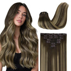 GOO GOO Clip in Hair Extensions Real Human Hair, Remy Human Hair Extensions Clip ins for Women, Natural Human Hair, 24inch 120g 7Pcs, 4/26/4 Balayage Chocolate Brown to Honey Blonde