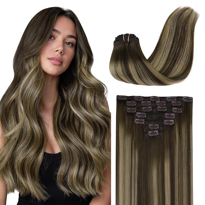 GOO GOO Clip in Hair Extensions Real Human Hair, Remy Human Hair Extensions Clip ins for Women, Natural Human Hair, 20inch 160g 7Pcs, #4/26/4 Balayage Chocolate Brown to Honey Blonde