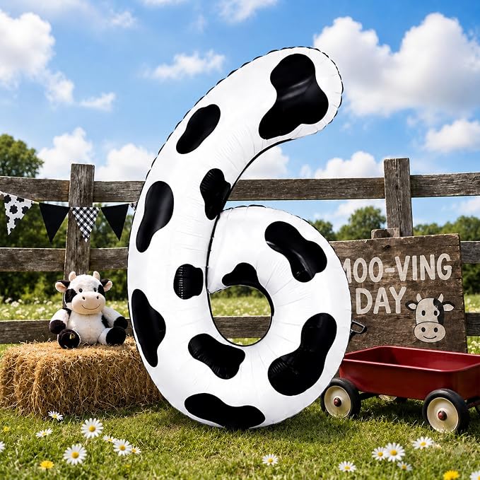 Cow Print Number Balloons 6, 40inch Large Farm Digital 6 Foil Helium Balloon by KAINSY