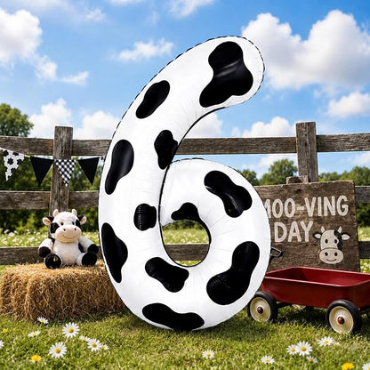 Cow Print Number Balloons 6, 40inch Large Farm Digital 6 Foil Helium Balloon by KAINSY