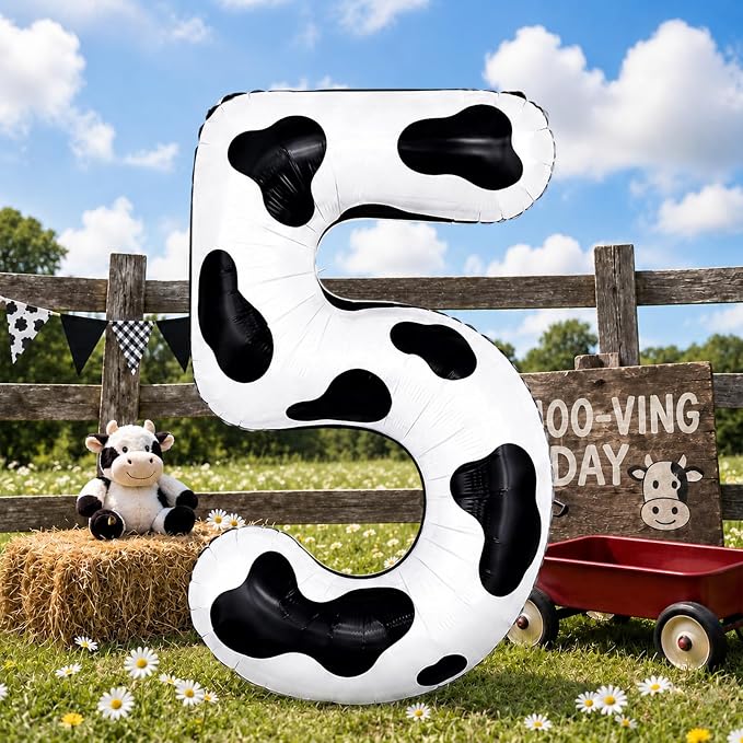 Cow Print Number Balloon 5, 40 Inch Large Self Inflating 5 Foil Number Balloons by KAINSY