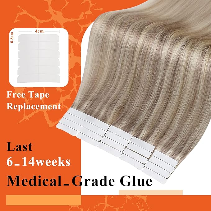 Full Shine Invisible Tape in Hair Extensions Color 18 Ash Blonde Highlight 613 Blonde Tape in Real Human Hair Extensions 20Inch Seamless Straight Remy Silky Skin Weft 20 Pcs 50 Grams Add Length