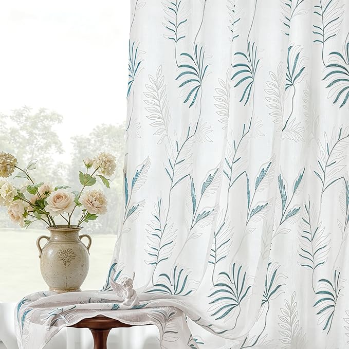 White Sheer Curtains Blue Embroidered Leaf 2 Panels 96 Inches | Light Filtering by VISIONTEX
