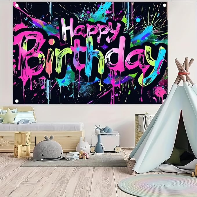 HOMETITUTE Neon Happy Birthday Banner 71x43 Inch Photography Backdrops | Glow - Image 4