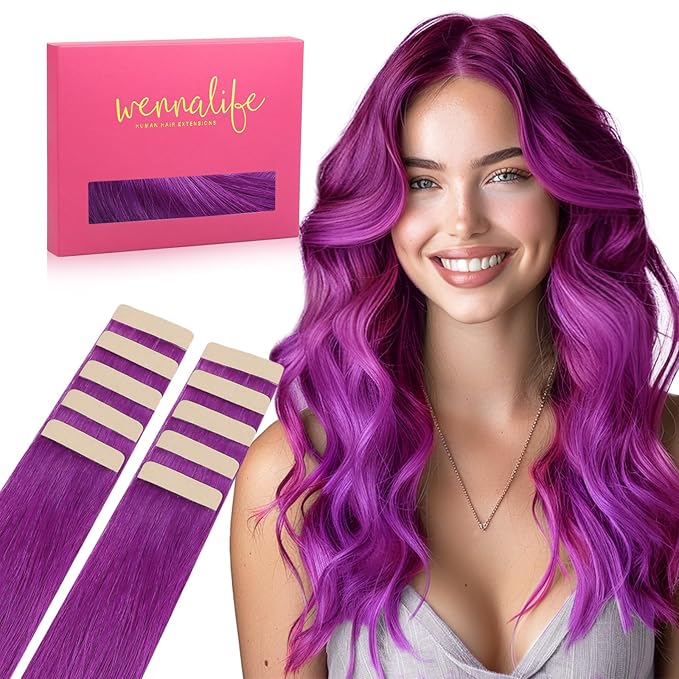 WENNALIFE Purple Tape In Hair Extensions, 10pcs 20g 10 inch Remy Invisible Tape Ins Straight Colored Soft Real Human Hair Tape In Extensions Refill Set Extensions