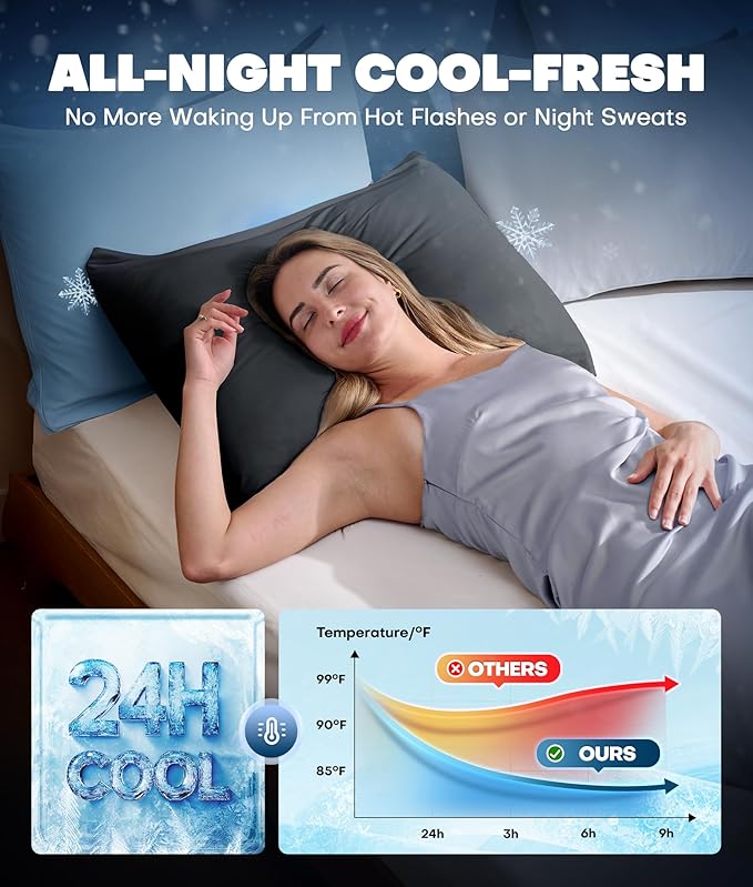 Ultra-Chill Cooling Pillowcase Set of 2 for Hot Sleepers, Softer Than Silk Pillow Cases for Protecting Hair & Skin, Breathable Bed Pillow Covers w/Zipper, Gifts for Women & Men(Dark Gray, Queen)