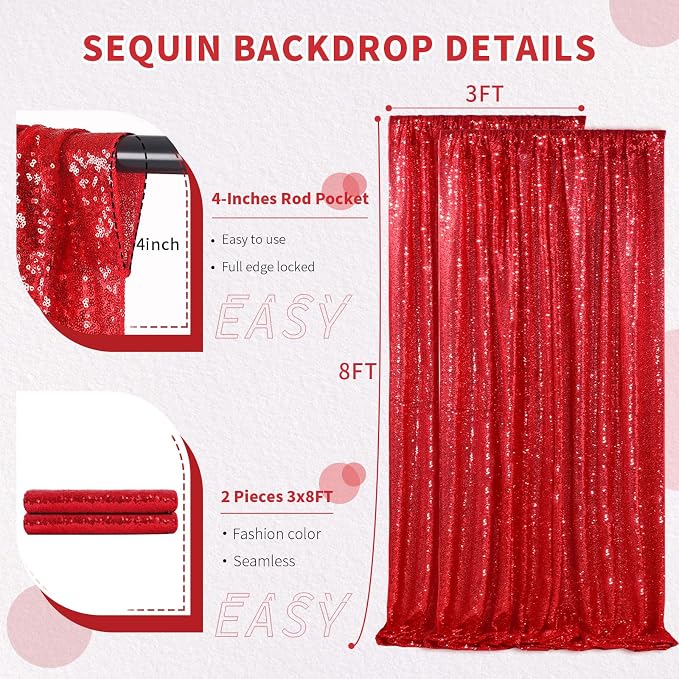 Red Sequin Curtains 2 Packs 3ftx8ft Photo Booths Backdrop - Image 5