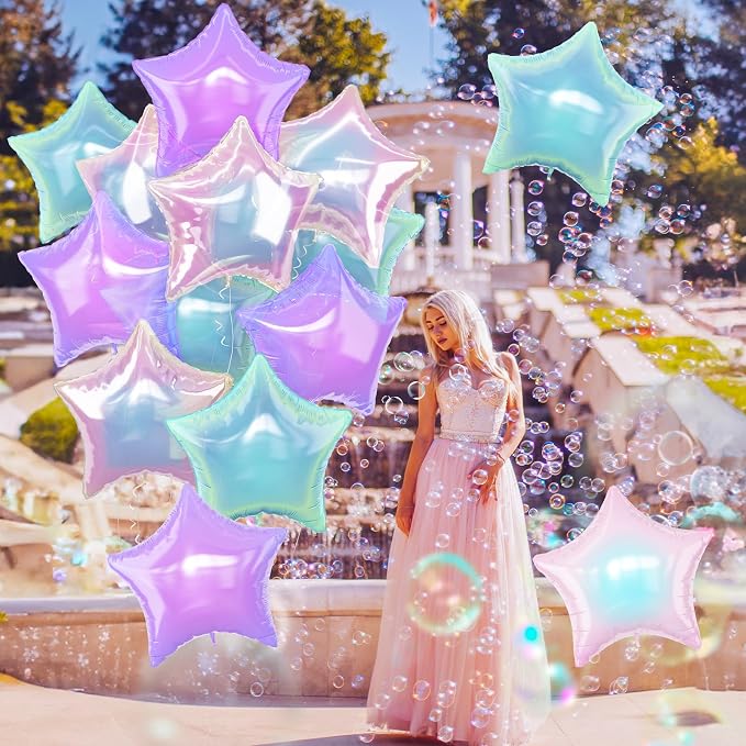 Iridescent Star Balloons, Gradient Iridescent Pink Purple Green Pentagram - Image 8