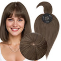 MY-LADY Human Hair Toppers for Women Real Human Hair with Bangs Thin 8.5 * 8.5CM Mono Base Clip in Remy Hairpieces Light Weight 14 Inch Dark Brown