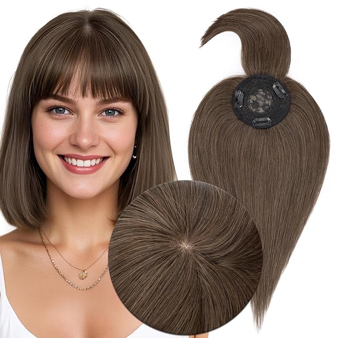 MY-LADY Human Hair Toppers for Women Real Human Hair with Bangs Thin 8.5 * 8.5CM Mono Base Clip in Remy Hairpieces Light Weight 10 Inch Dark Brown