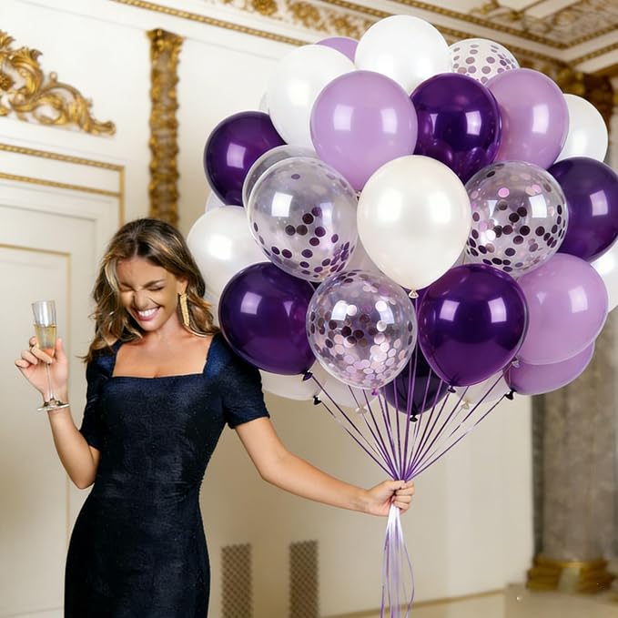 Purple White Balloons 60Pcs 12 Inch Confetti Latex Balloon Kit - Image 7