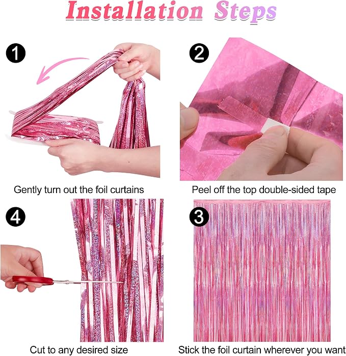 8 Pack Pink Backdrop, 3.28 FT x 7.05 FT Fringe Curtains, Metallic Glitter Pink - Image 3