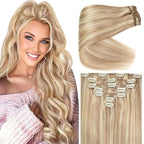 Ve Sunny Real Hair Extensions Clip in Human Hair Full Head Remy Blonde Hair Extensions Clip in Highlight Extension for Women Warm Color 7pcs 120g 18inch