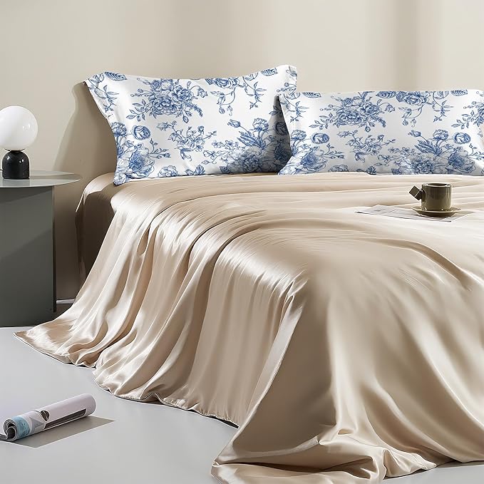 Satin Pillowcase 1 Pack-Blue Flowers Peonies Roses Silky Pillow Cover for Hair and Skin,Standard Size 20x26 Inch Soft Cooling Printed Pillow Cases with Hidden Zipper,Gifts for Women Men