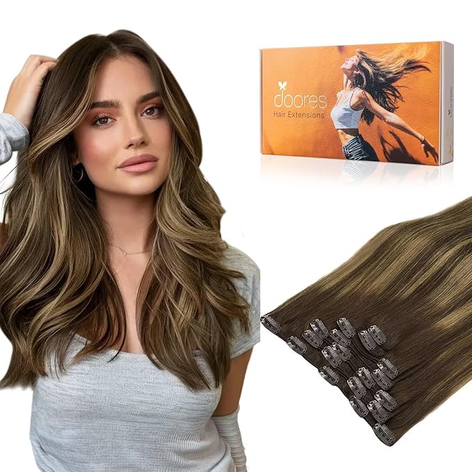 DOORES Balayage Clip in Human Hair Extensions Chocolate Brown to Caramel Blonde Remy Hair Clip in Extensions Straight Natural Hair Extensions 7pcs 120g 22 Inch
