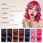 Bob Wig With Bangs Wave Wigs for Women 14 Inch Short Loose Wavy Heat Resistant Synthetic Wig Shoulder Length Hair for Daily and Cospaly Party Use (Rose mixed Purple)