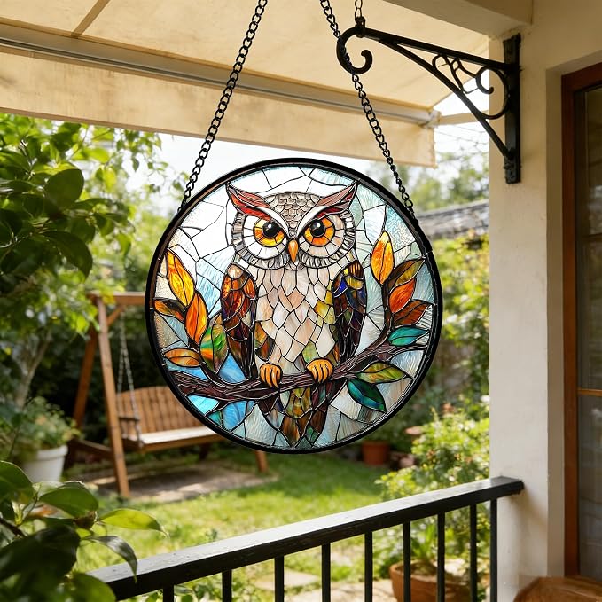 DASTOLL Stained Glass Window Hanging, Owl Colorful Leaves Birds Sun Catchers - Image 6