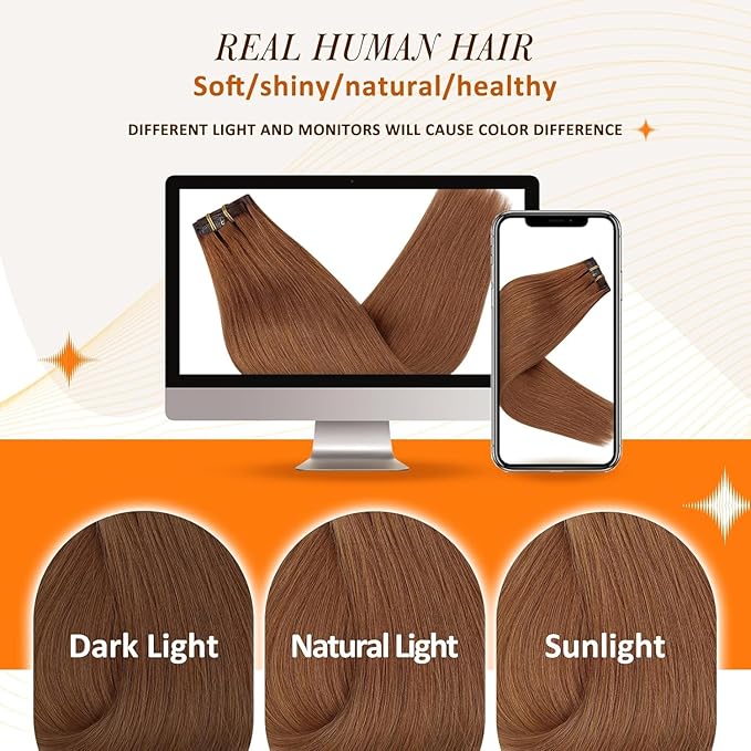 Full Shine Copper Brown Hair Extensions Copper Seamless Human Hair Clip in Extensions Auburn Brown Seamless Hair Extension Short for Women 12 Inch 95 G 8 PCS