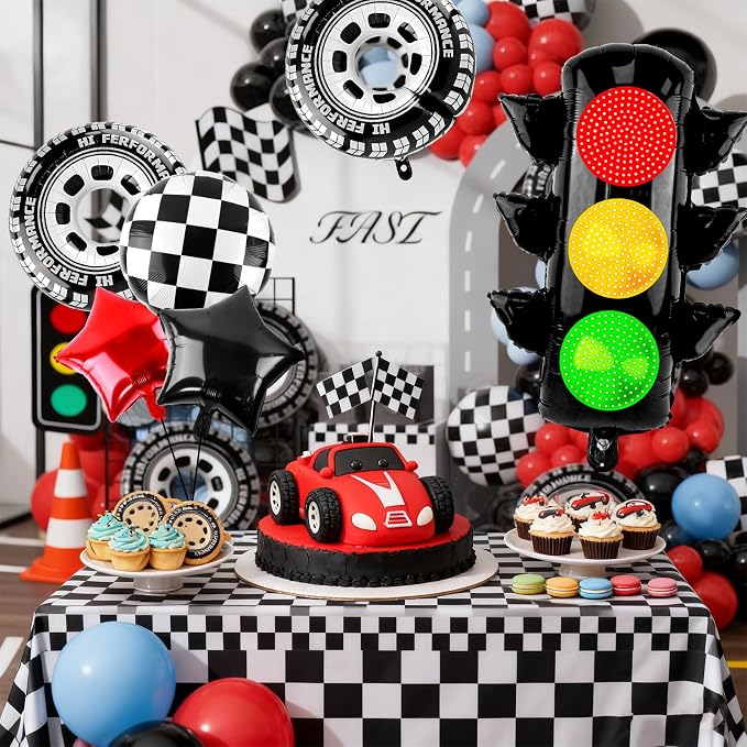 Race Car Party Balloon Set 7pcs Traffic Light, Checkered Balloons, Tire Wheel - Image 5